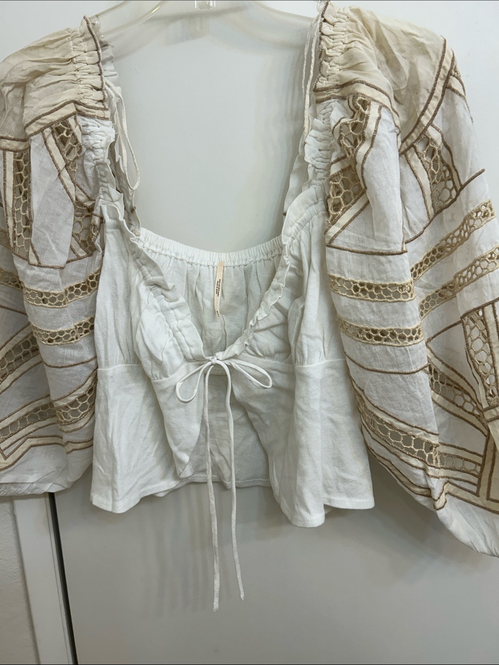 Free People White Peasant Tie-Front Blouse with Beige Embroidery